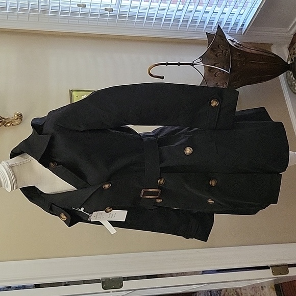 Creatmo US black trench cost double breasted overcoat belted detach hood…S NEW - Picture 2 of 14